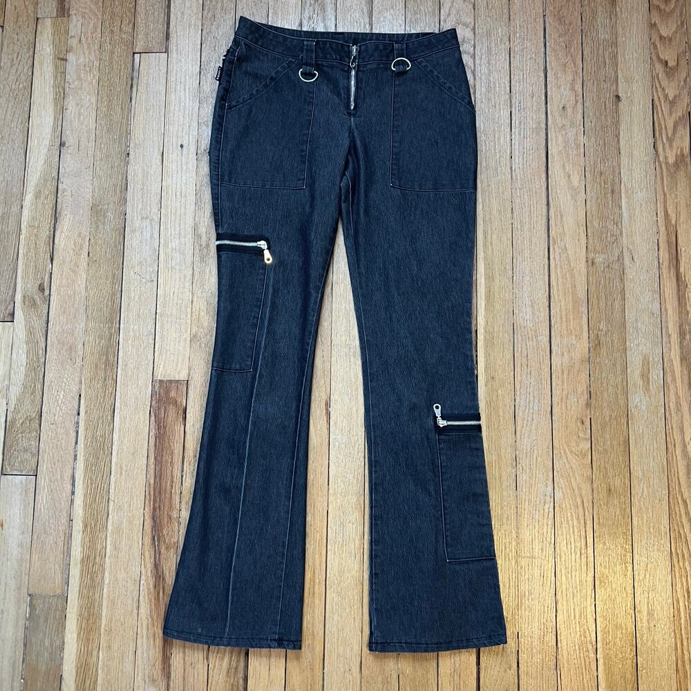 Serious Gray Denim Flare Jeans Zipper Y2K Vintage Goth Stretch Size 7 30"